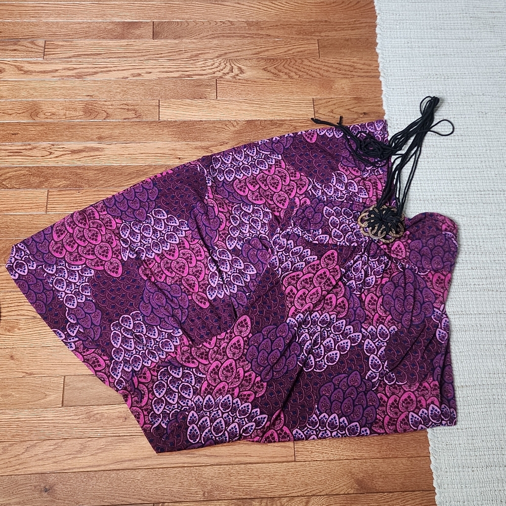 Tiered Maxi Halter Dress Purple Sleeveless Sundress Knit Stretch Medium